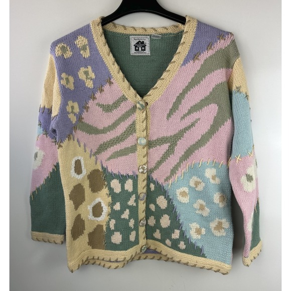 Storybook Knits Patchwork Spring Themed Cardigan Sweater Ramie Cotton Size Large - Picture 2 of 16